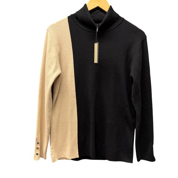T Tahari Sweater Womens Large Black Cream Colorblock Turtleneck Coastal NEW - Picture 1 of 10